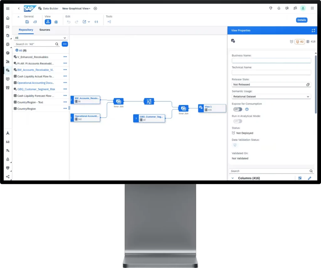 Datenmodell in SAP Business Warehouse mit grafischer Darstellung von Joins, Datenquellen und Eigenschaften im Data Builder