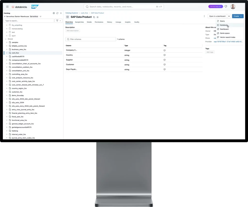 Benutzeroberfläche von SAP Databricks mit geöffnetem SAP Data Product und Ansicht strukturierter Tabellenspalten im Katalog