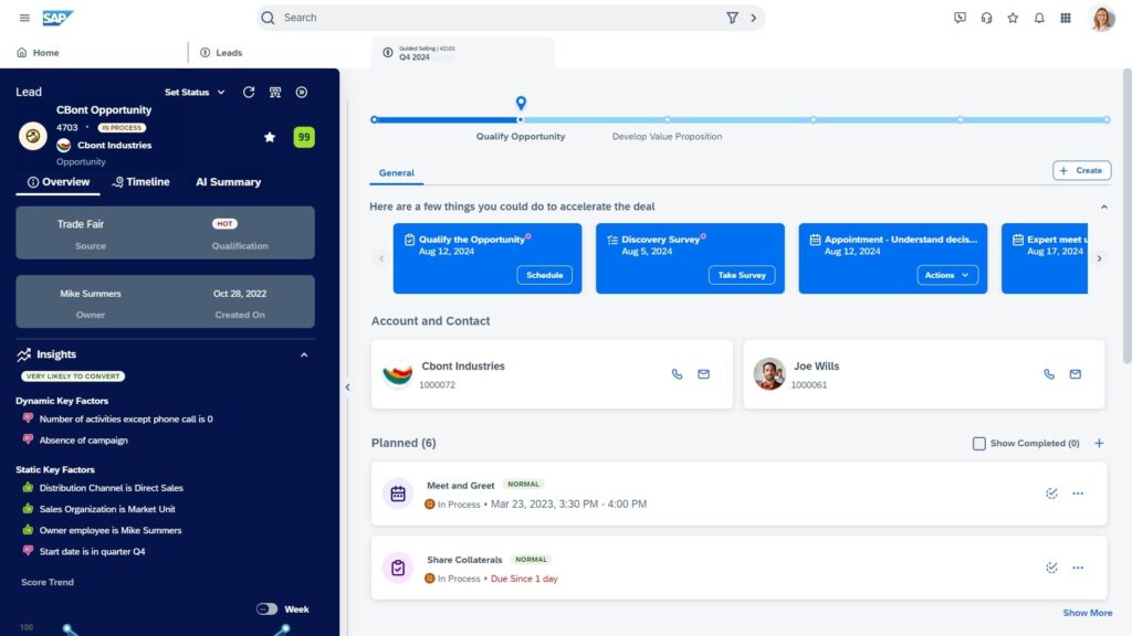 Interaktives Vertriebs-Dashboard in SAP Sales Cloud mit Visualisierungen zu Umsatz, Produktgruppen, Kostenstruktur und Planung SAP CRM Lösung